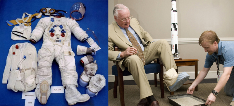 El traje completo de la Misión Apollo 11, junto a una imagen de Buzz Aldrin estampando la huella con la bota exterior..